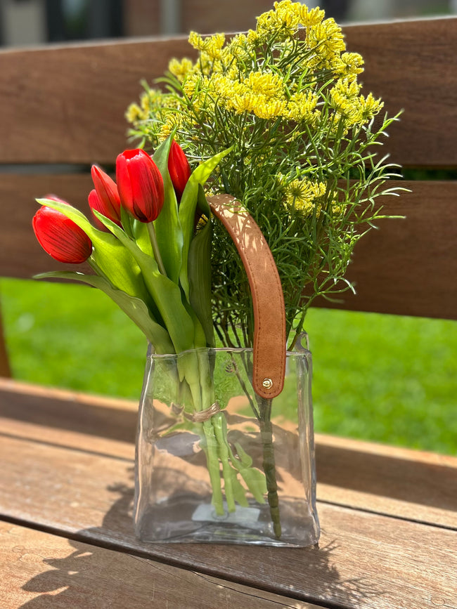 Handbag Clear Vase with Faux Leather Handle