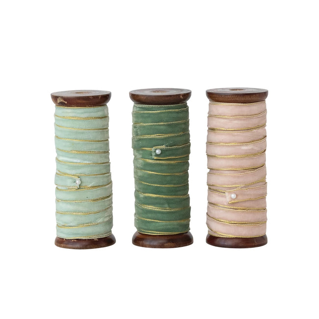 10 Yard Velvet Ribbon with Metallic Edges on Wood Spool