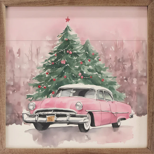 Pink Car With Christmas Trees 12x12