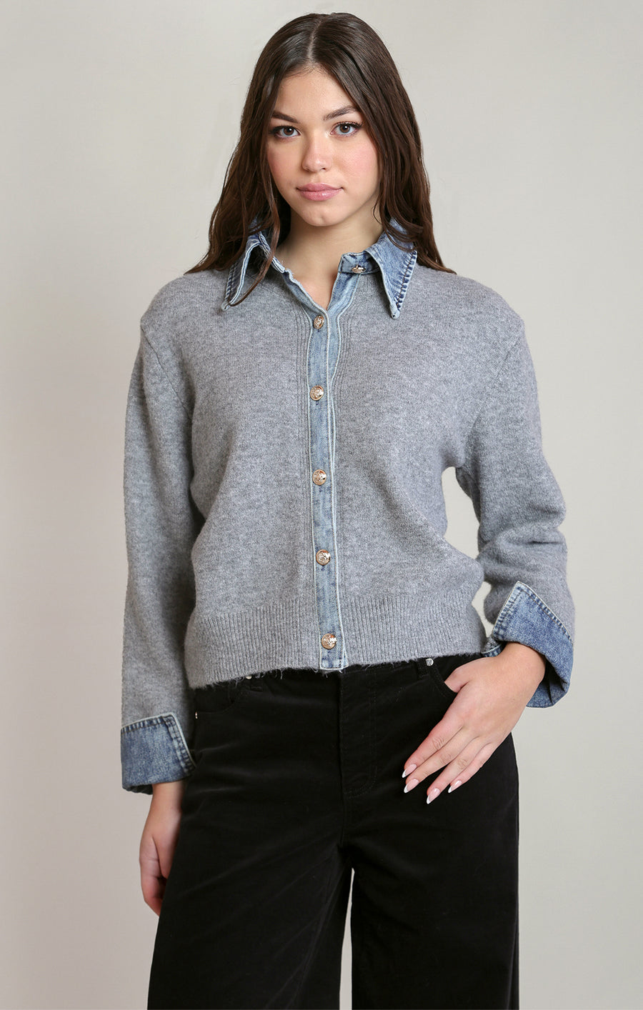 2827280 D Denim Trim Sweater Shirt