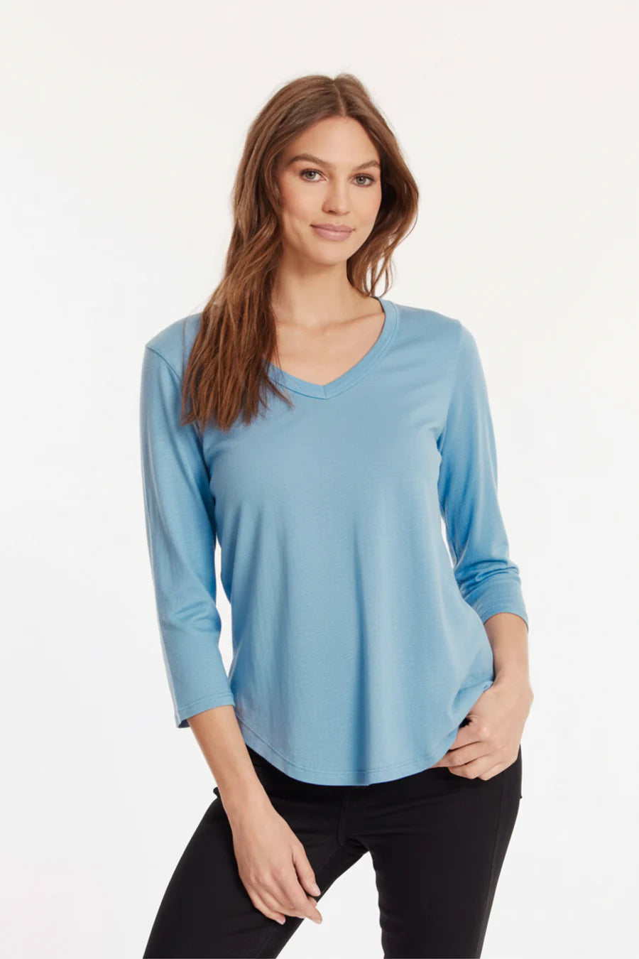 3/4 Sleeve V-Neck Tee w/ Curve Hem Frost