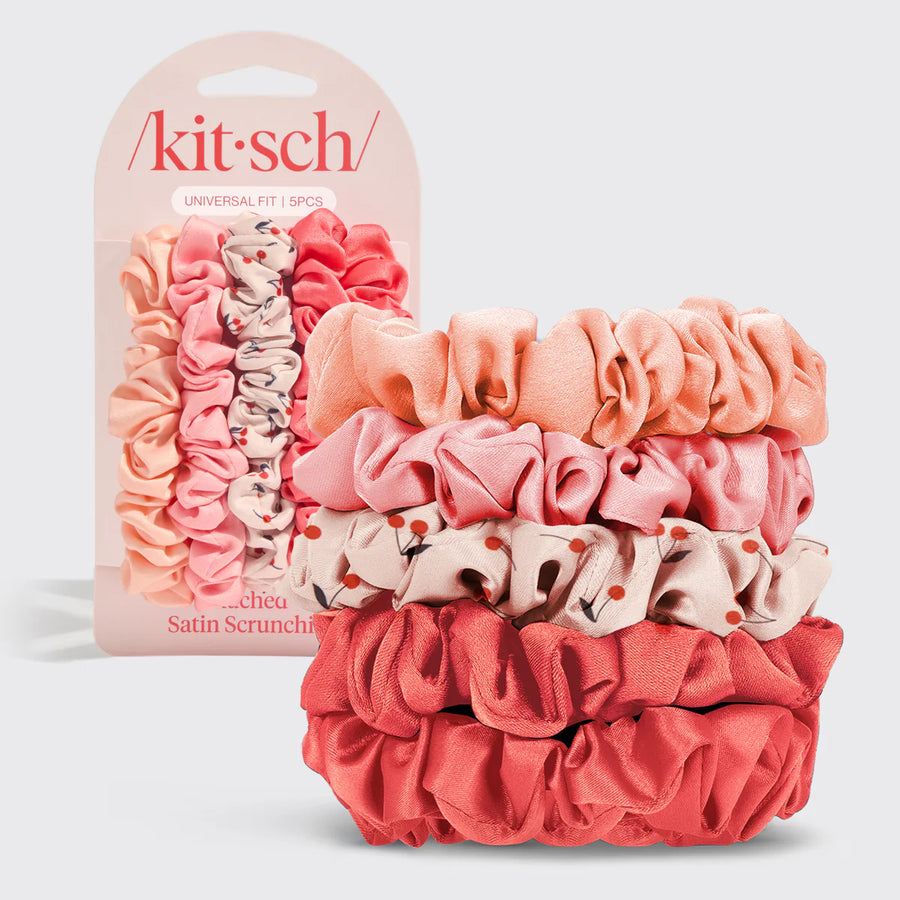 Ruched Satin Scrunchie 5pc Set - Asst Cherry