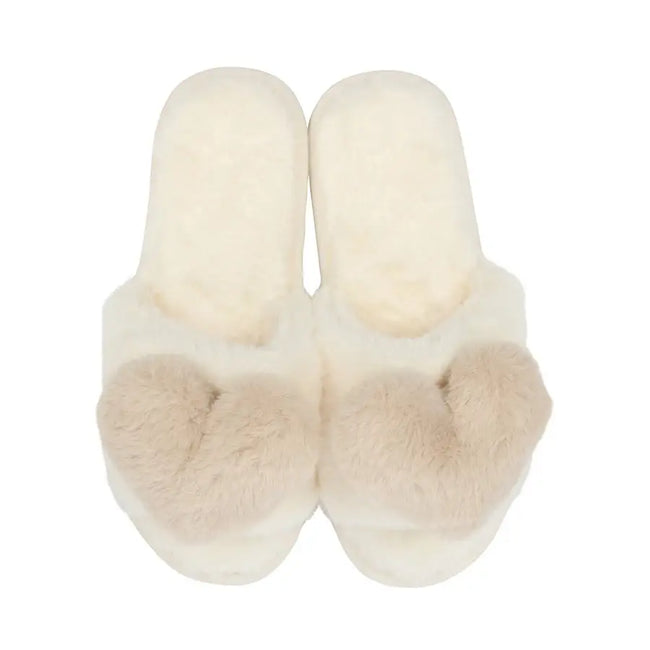Heart Plush Slippers Cream