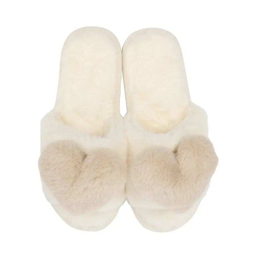 Heart Plush Slippers Cream