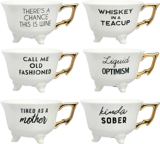 Stoneware Footed Tea Cups w/ Sayings