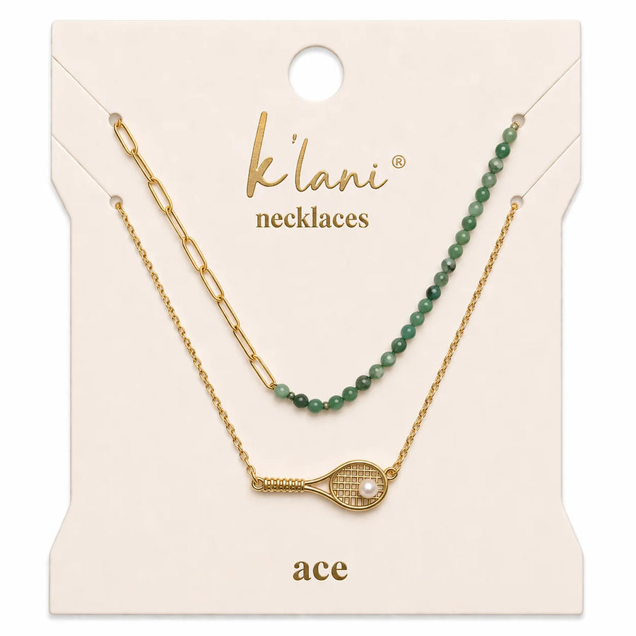 "Ace" Gold Tennis Racket with Green Beads Necklace Set