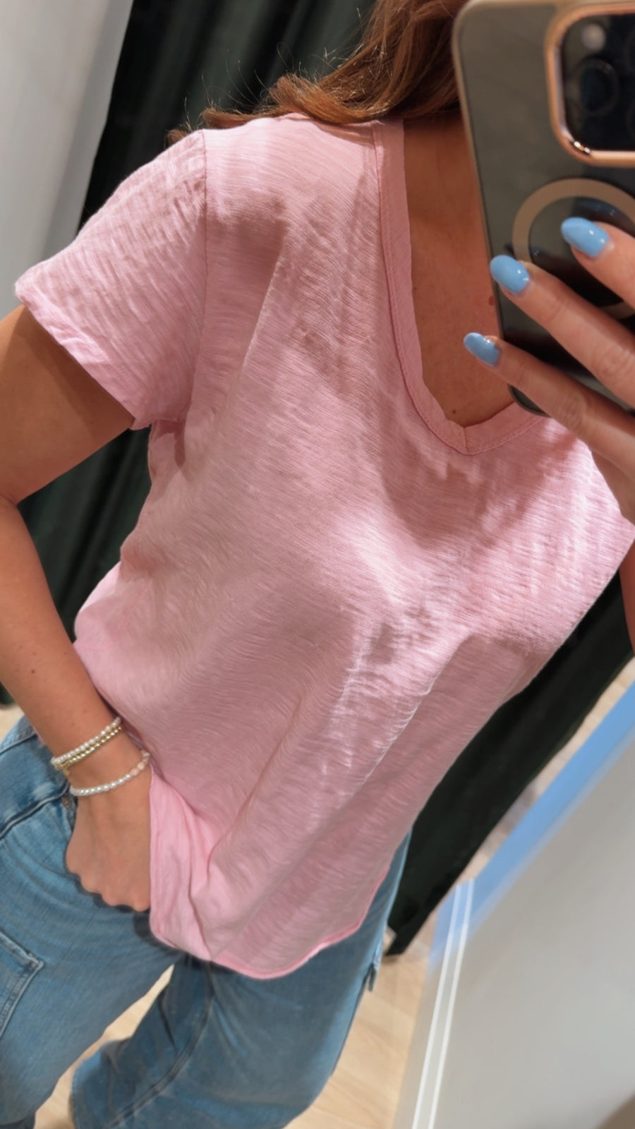 V-neck Tee W/Curve Hem Pearly Pink