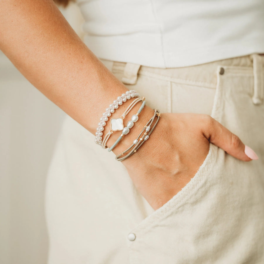 "Glimmer" Soft Pinks with Pearl & Gold Accent Hair Tie Bracelets