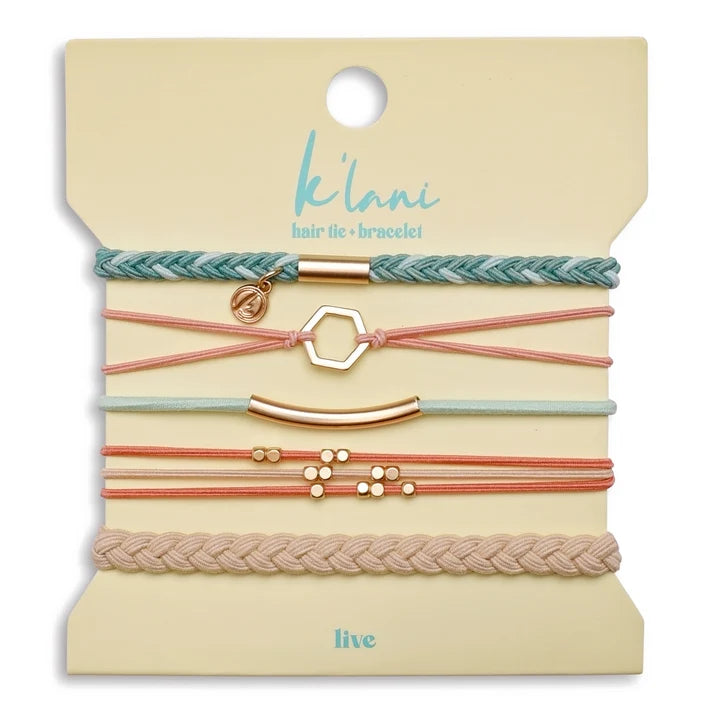 "Live" Teal & Coral with Gold Accent Hair Tie Bracelets