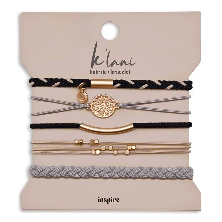 "Inspire" Grey & Black with Gold Flower Accent Hair Tie Bracelets