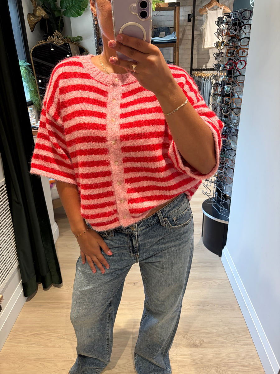 Stripe Button Up Short Sleeve Knit Cardigan PSW3456-A