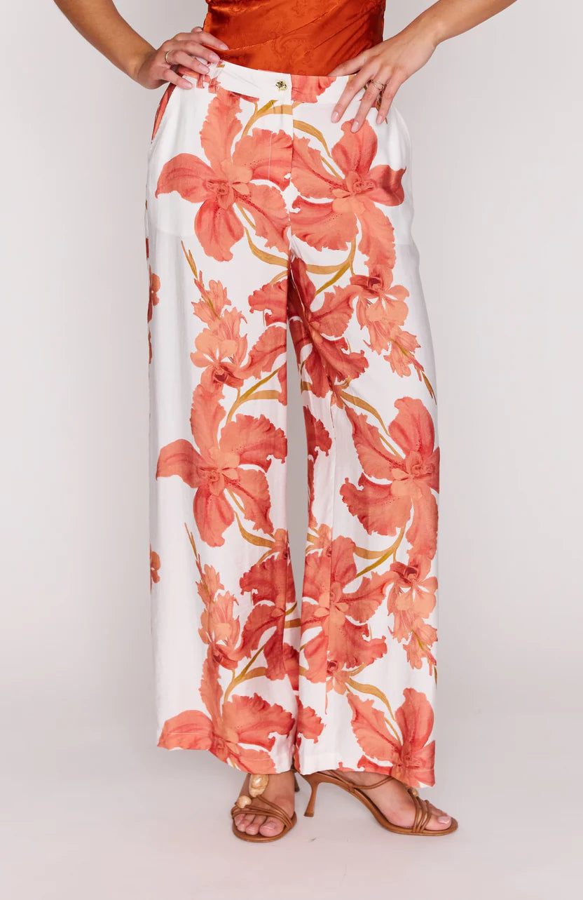 Isla Wide Leg Pant - Peach Hibiscus