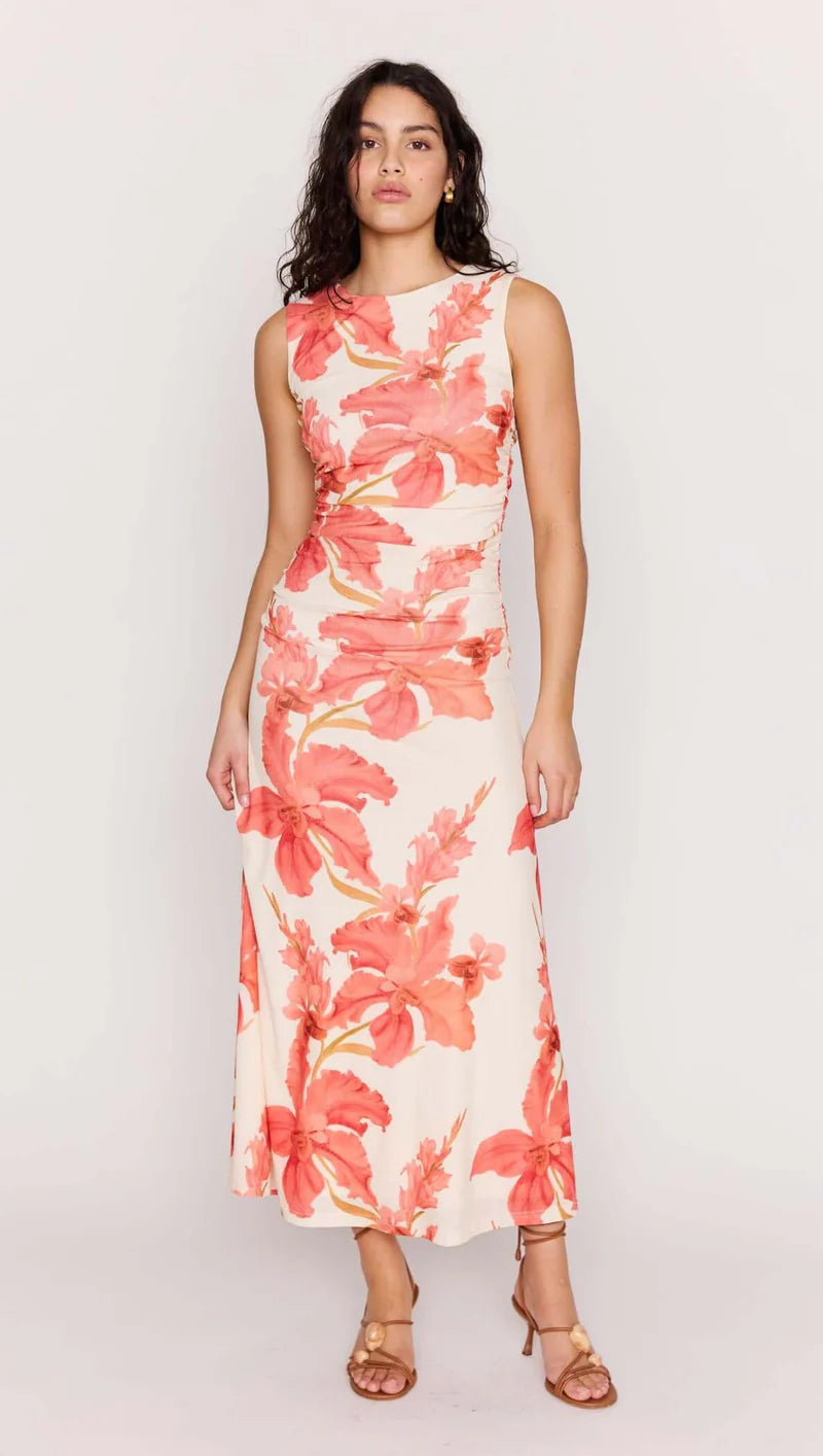 Isla Mesh Midi Dress - Peach Hibiscus
