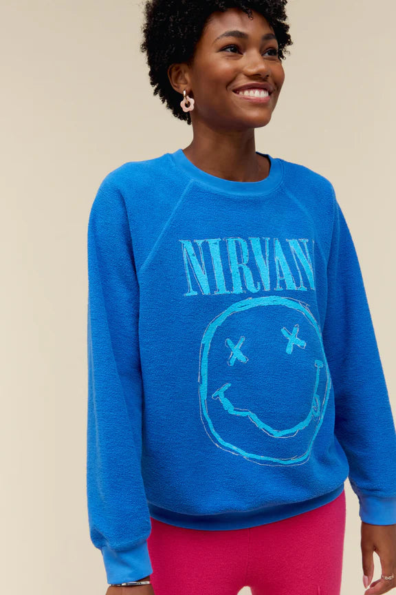 Cobalt Blue Nirvana Smiley Reverse Raglan Crew Neck Sweater