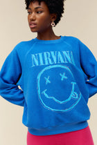 Cobalt Blue Nirvana Smiley Reverse Raglan Crew Neck Sweater