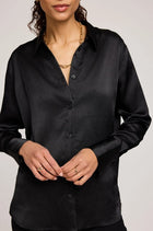 Simone Black Satin Button Down Shirt
