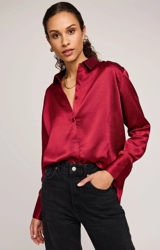 Simone Crimson Satin Button Down Shirt
