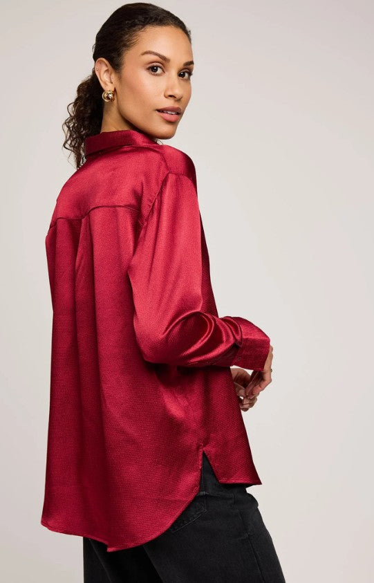 Simone Crimson Satin Button Down Shirt