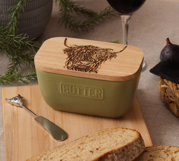 Highland Cow Green Butter Dish & Knife Set