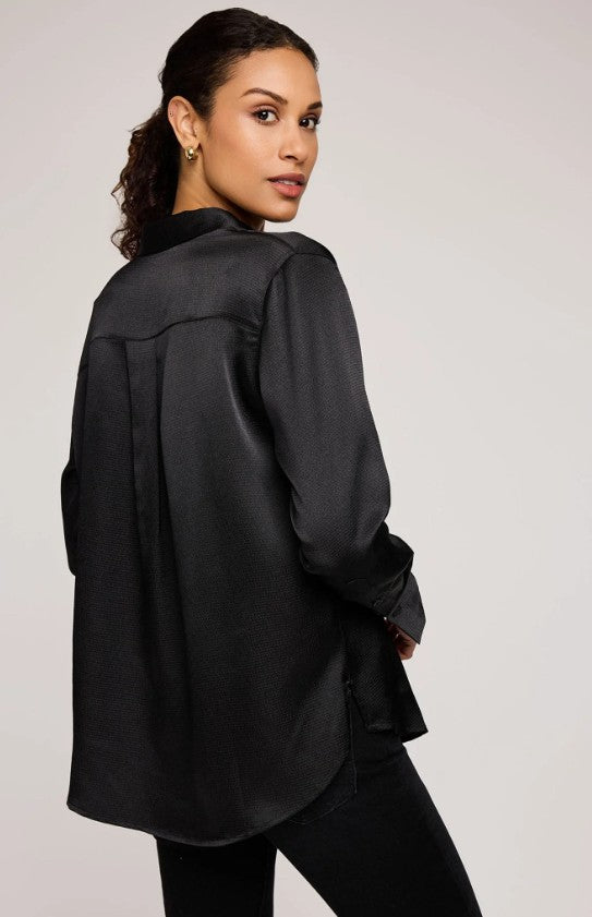 Simone Black Satin Button Down Shirt