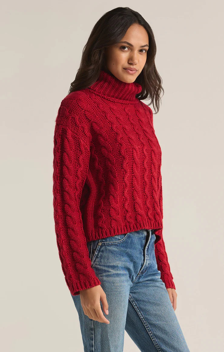 Tied To You Cable Knit Turtleneck - Haute Red