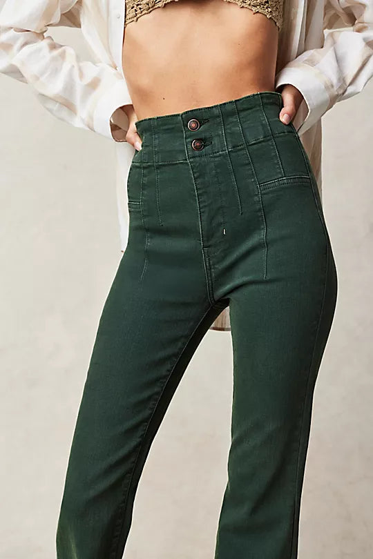 Free People Jayde Cord Flare Trousers in Forest Green