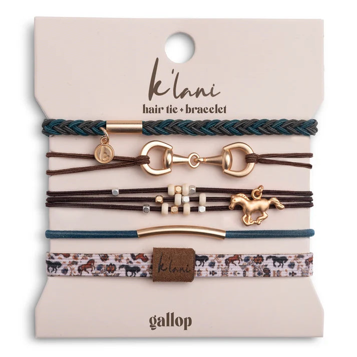"Gallop" Horse & Bit Equestrian Accents in Rich Brown & Blue Hair Tie Bracelets