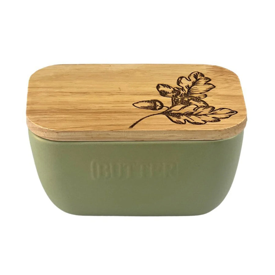 Acorns Oak and Ceramic Butter Dish - Sage Green
