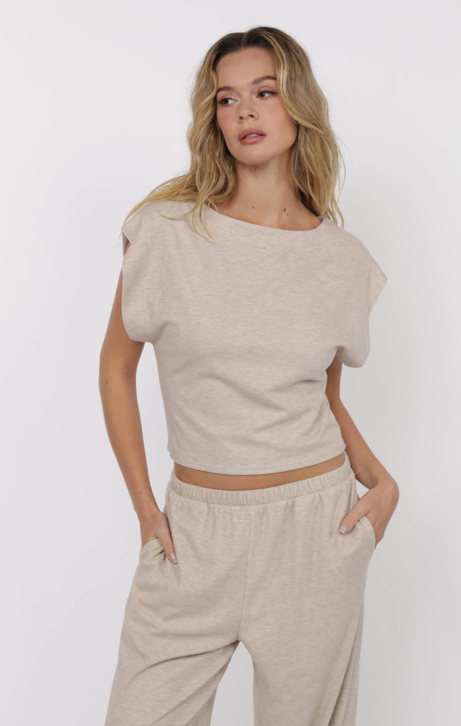 Cindy Strong Shoulder Sleeveless Knit Top Oatmeal