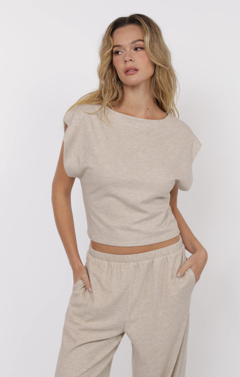Cindy Strong Shoulder Sleeveless Knit Top Oatmeal