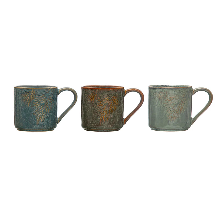 8 oz. Embossed Stoneware Mug w/ Pine Bough, Reactive Glaze