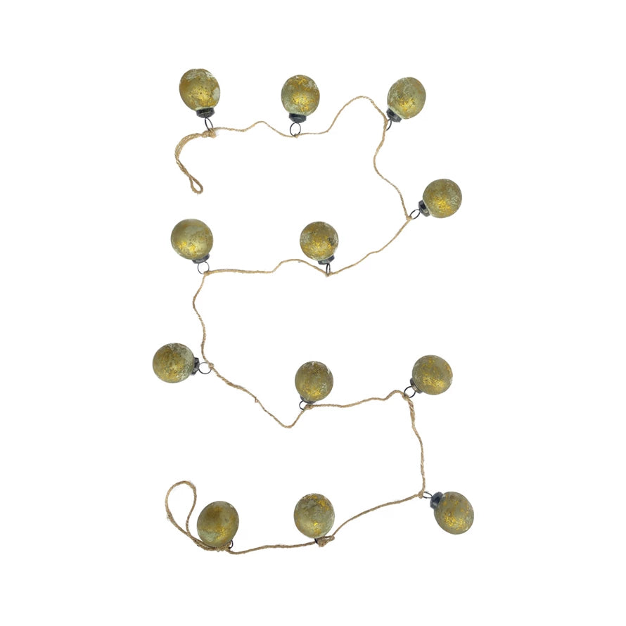 Recycled Glass Ball Ornament Garland, Distressed Matte Olive Green & Gold Finish