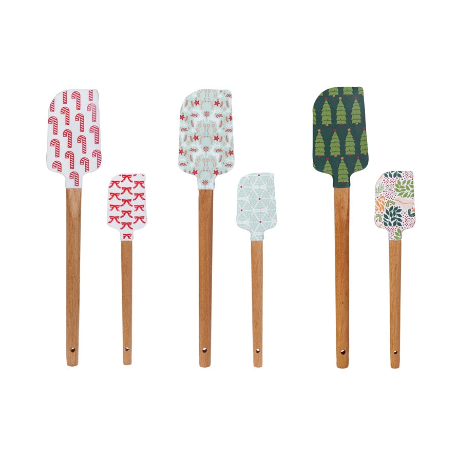 Silicone & Wood Spatulas w/ Holiday Pattern Set of 2 Sizes