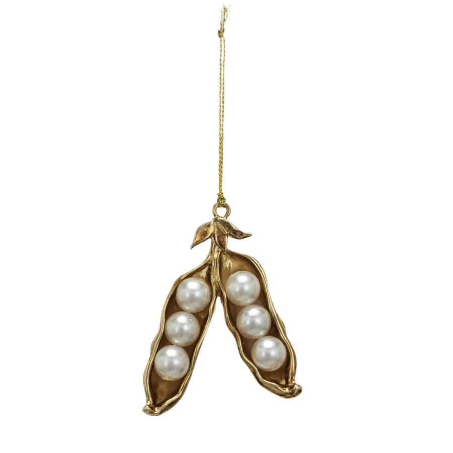 Metal & Faux Pearl Pea Pod Ornament, Gold & Cream Color