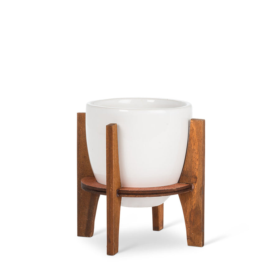 White Pot w/Wooden Stand