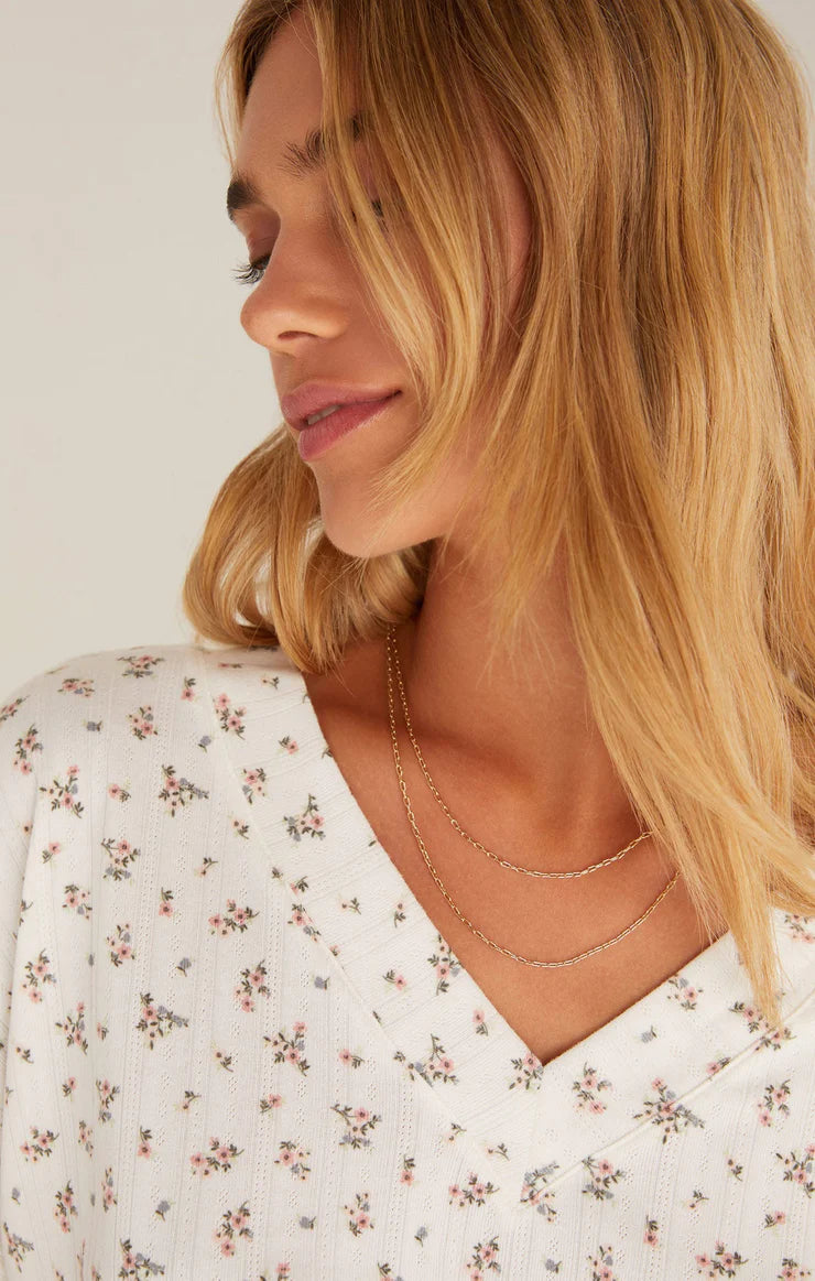 Ditsy Floral Silky Pointelle V-Neck Top