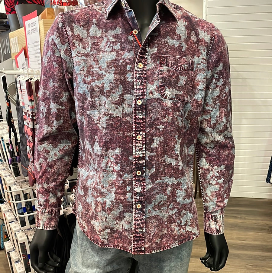 Tonal Camo Burgundy Long Sleeve Spread Collar Shirt