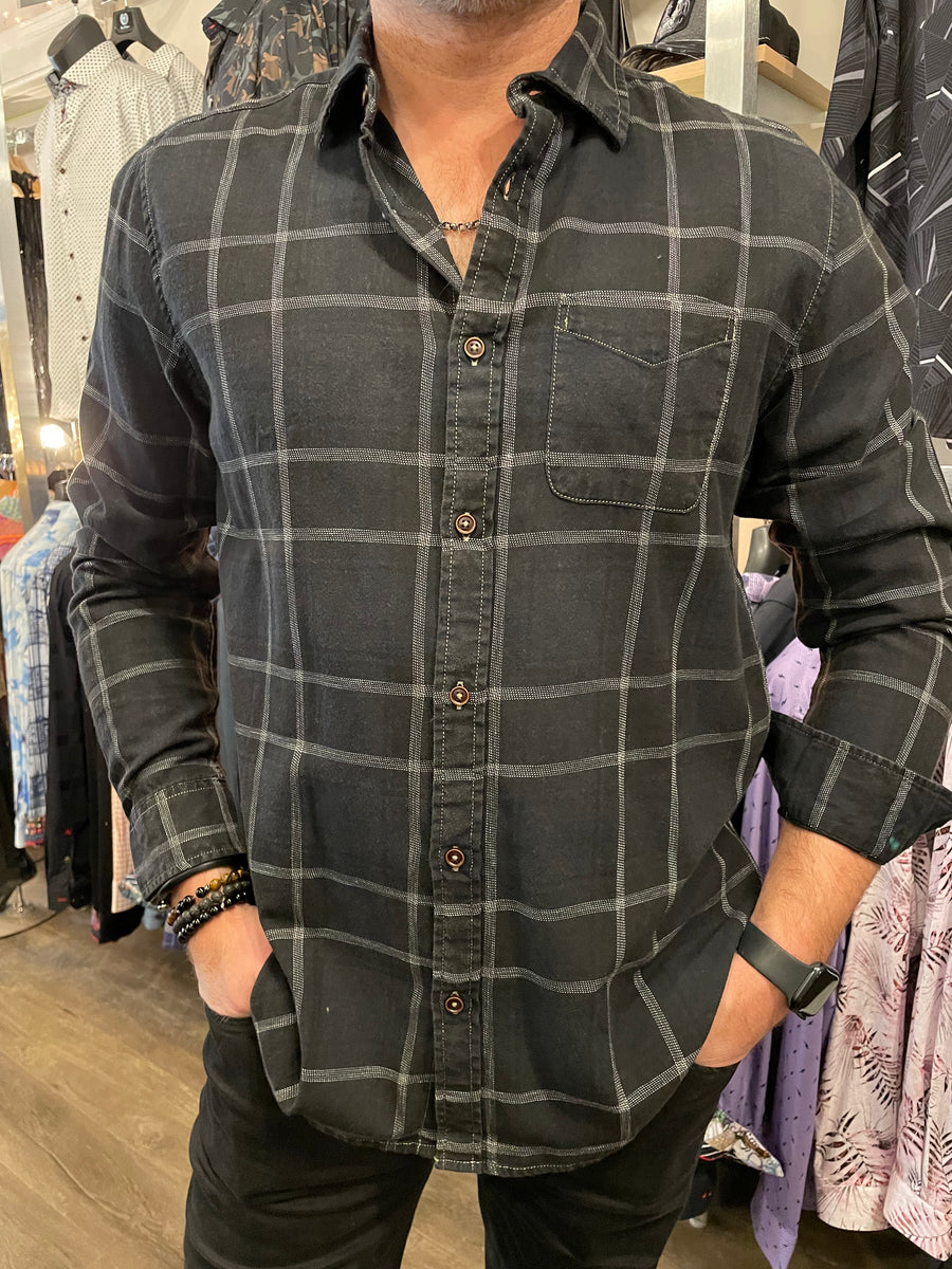 Dark Charcoal Space Dyed Plaid Long Sleeve Spread Collar Shirt