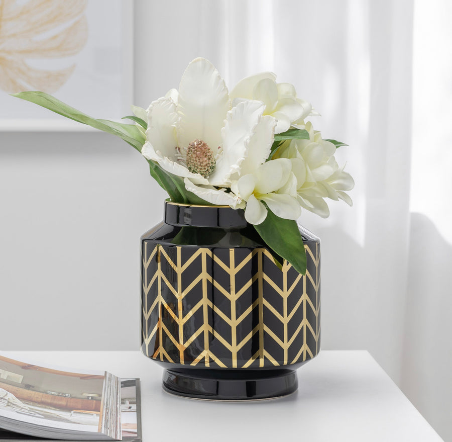 Elements Chevron Gold Stripe Pattern 7.5 h” Ceramic Planter Vase